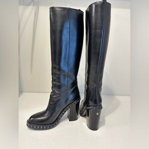Chanel chain knee high boots